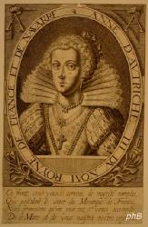 FRANKREICH: Anna von sterreich (Anne d'Autriche), Knigin von Frankreich und Navarra, geb. Infantin von Spanien, 1601 - 1666, Valladolid, Paris, Regentin 164351. lteste Tochter von Knig Philipp III. von Spanien (15781621) u. Margaretha von sterreich (15841611); vermhlt 1615 mit Knig Ludwig XIII. von Frankreich (16011643).  Mutter von Knig Ludwig XIV. (16381715)., Portrait, , franzsisch
