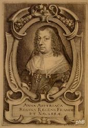 FRANKREICH: Anna von sterreich (Anne d'Autriche), Knigin von Frankreich und Navarra, geb. Infantin von Spanien, 1601 - 1666, Valladolid, Paris, Regentin 164351. lteste Tochter von Knig Philipp III. von Spanien (15781621) u. Margaretha von sterreich (15841611); vermhlt 1615 mit Knig Ludwig XIII. von Frankreich (16011643).  Mutter von Knig Ludwig XIV. (16381715)., Portrait, , Petr.de Jode sc.