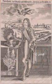 SACHSEN: Bernhard, Herzog zu Sachsen-Weimar, 1604 - 1639, Weimar, bei Neuenburg (Baden) [gefallen], Zehnter (jngster) Sohn von Johann, Herzog zu SachsenWeimar u. Jena (15701605) u. Dorothea Marie von Anhalt (15741617); unvermhlt.  Bedeutender Feldherr im Dreiigjhrigen Krieg, bernahm nach Gustaf Adolfs Tod (1632) die Fhrung der schwedischen Truppen, 1635 Niederlage gegen die Kaiserlichen bei Nrdlingen, trat darauf in franzsischen Sold, 1638 Sieg bei Rheinfelden u. Eroberung von Breisach., Portrait, KUPFERSTICH:, [P. Troschel sc., um 1641]