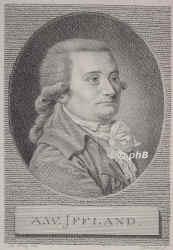 Iffland, August Wilhelm, 1759 - 1814, Hannover, , Theaterdichter, Schauspieler. 1777 Gotha, 1778 Mannheim, 1796 Hamburg, Berlin., Portrait, KUPFERSTICH:, M. Klotz del. –  Schultze sc.