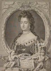 ENGLAND: Maria (Mary) II. Stuart, Königin von England und Schottland, 1662 - 1694, St. James's Palace, Kensington Palace, Regentin 1689–94. Älteste Tochter von König Jakob II. (1633–1701) aus 1.Ehe mit Lady Anne Hyde (1638–1671); vermählt 1677 mit ihrem Vetter Prinz Wilhelm III. von Oranien, König von England u. Schottland, Statthalter der Niederlande (1650–1702). –  1689 Annahme der Königskrone gemeinsam mit ihrem Gatten Wilhelm III., Portrait, KUPFERSTICH:, G. Kneller ad vivum pinx. - [G. Valck sc.?]