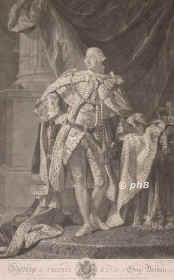 ENGLAND: Georg III. (George William Frederick), König von Großbritannien und Irland, Kurfürst (1814 König) von Hannover, 1738 - 1820, Norfolk House, Windsor Castle, Regent 1760–1820. Ältester Sohn von Friedrich Ludwig, Prince of Wales (1707–1751) und Augusta von Sachsen–Gotha (1719–1772); vermählt 1761 mit Sophie Charlotte von Mecklenburg–Strelitz (1744–1818), jüngste Tochter von Herzog Karl. – Folgte 1760 seinem Großvater Georg II. auf dem Thron. Blind seit 1811. – Führte den Krieg gegen die amerikanischen Kolonien, der 1783 deren Unabhängigkeit zur Folge hatte. Seit 1811 im Wahnsinn im Palast zu Windsor eingeschlossen. [–> HANNOVER: Georg III., Portrait, KUPFERSTICH:, Allan Ramsay pinx. –  W. Wynne Ryland sc. 1769.