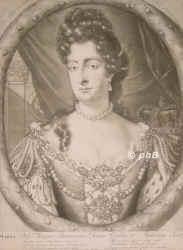 ENGLAND: Maria (Mary) II. Stuart, Königin von England und Schottland, 1662 - 1694, St. James's Palace, Kensington Palace, Regentin 1689–94. Älteste Tochter von König Jakob II. (1633–1701) aus 1.Ehe mit Lady Anne Hyde (1638–1671); vermählt 1677 mit ihrem Vetter Prinz Wilhelm III. von Oranien, König von England u. Schottland, Statthalter der Niederlande (1650–1702). –  1689 Annahme der Königskrone gemeinsam mit ihrem Gatten Wilhelm III., Portrait, SCHABKUNST:, P. Schenck fec. Amsteld. 1691