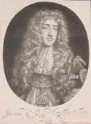 ENGLAND: Jakob (James) II., König von England u. (als James VII.) von Schottland, 1633 - 1701, St James' Palace, St Germain-en-Laye, Regent 1685–89, Dynastie Stuart.  Zweiter (3.) Sohn von König Karl I. (1600–1649) u.Henriette Marie von Frankreich (1609–1669); vermählt 1) 1659 mit Anne Hyde (1638–1671), Tochter des 1.Earl of Clarendon, 2) 1673 Maria Beatrice Eleonora d'Este, Prinzessin von Modena (1658–1718). – Nachfolger seines Bruders Karl II. (1630–1685). – 1689 durch seinen Schwager Wilhelm III. von Oranien vertrieben (