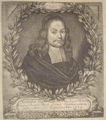 Peisker, Johann, 1631 - 1711, Langenberg bei Gera, , Rektor der Stadtschule zu Wittenberg, Poet. Laur. Caes. (Kirchenlieder), Portrait, KUPFERSTICH / RADIERUNG:, D. Schneider pinx. –  Bartsch sc.