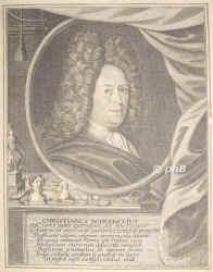 Schlegel, Christian, 1667 - 1722, Saalfeld, , Numismathiker, Biograph. Dresden, 1700 Bibliothekar in Arnstadt, 1712 Gotha., Portrait, KUPFERSTICH:, Grav par Ph. Endlich graveur de SA.S.Mgr: le Landgrave de HC: