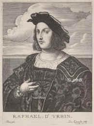 Raffael Santi, 1483 - 1520, Urbino, Rom, Der bedeutendste Maler aller Zeiten, auch Bildhauer und Architekt., Portrait, KUPFERSTICH:, Titian pinx. –  De Larmessin sc.