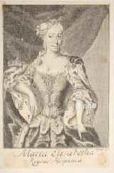 PARMA: Elisabetha Farnese, Prinzessin von Parma, 1714 Knigin von Spanien u. Knigin von Neapel u. Sizilien, 1692 - 1766, Parma, Aranjuez, Tochter von Erbprinz Odoardo II. von Parma (16661693) u. Dorothea Sophie von Neuburg (16701748) [Tochter von Herzog Philipp Wilhelm, Kurfrst von der Pfalz (16151690)]; 1714 zweite Gemahlin von Philipp V. (16831746), Knig von Spanien 170024 u. Knig von Neapel u. Sizilien 170013. [> SPANIEN, Portrait, KUPFERSTICH:, Sysang sc.