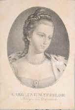 ENGLAND: Caroline Matilda, kgl. Prinzessin von Großbritannien, 1766 Königin von Dänemark, 1751 - 1775, London, Celle, Jüngste Tochter von Frederick Louis, Prince of Wales (1707–1751) u. Auguste von Sachsen–Gotha (1719–1772); vermählt 1766 (div 1772) mit König Christian VII. (1749–1808). – Jüngere Schwester von König Georg III. von Großbritannien, Irland u. Hannover. – 1769 praktisch Regentin, 1772 nach Struensees Sturz geschieden, starb in der Verbannung auf Schloß Celle. [–> DÄNEMARK:, Portrait, PUNKTIERSTICH:, Schnorr v. K[arolsfeld] del. –  F. Fleischmann sc.