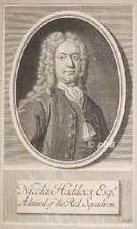 Haddock, Nicholas, 1686 - 1746, , , Englischer Admiral of the Red Sqvadron. 1738 Oberbefehlshaber der engl. Mittelmeerflotte., Portrait, KUPFERSTICH:, J. M. B[ernigeroth] sc.