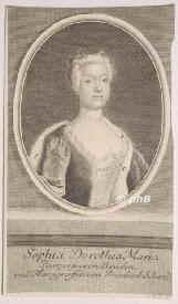 BRANDENBURG-PREUSSEN: Sophia Dorothea Marie, Prinzessin von Preußen, 1734 Markgräfin von Brandenburg-Schwedt, 1719 - 1765, Berlin, Schwedt, Vierte (5.) Tochter von König Friedrich Wilhelm I. (1688–1740) u. Sophia Dorothea von Großbritannien, Irland u. Hannover (1687–1757); vermählt 1734 mit Markgraf Friedrich Wilhelm von Brandenburg–Schwedt (1700–1771)., Portrait, KUPFERSTICH:, J. M. B[ernigeroth] sc.