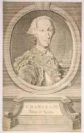 SPANIEN: Karl (Carlos) III., Knig von Spanien, 1716 - 1788, Madrid, Madrid, Regent 175988. Dynastie Bourbon. Sohn von Knig Philipp V. von Spanien (16831746) aus 2.Ehe mit Elisabeth Farnese, Prinzessin von Parma  (16921766); vermhlt 1738 mit  Prinzessin Maria Amalia von Sachsen (17241760), Tochter von Kurfrst Friedrich August II. (August III. von Polen).  Herzog von Parma als Karl I. 173135, Knig von Neapel u. Sizilien als Karl IV. 173359.  Unter ihm begannen 1736, zum erstenmal in grerem Mastab, Ausgrabungen in Herculanaeum, 1748 in Pompeji u. 1749 in Stabi. [> PARMA: Karl I.; > NEAPEL und SIZILIEN: Karl IV., Portrait, KUPFERSTICH der Zeit:, englisch
