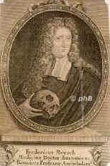 Ruysch, Fredrik, 1638 - 1731, Den Haag, Amsterdam, Niederlndischer Arzt, Anatom, Chirurg u. Botaniker. 1661 Apotheker in Den Haag, 1666 Professor in Amsterdam., Portrait, KUPFERSTICH:, [J. E. Kraus sc.]