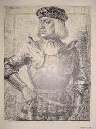 ÖSTERREICH: Maximilian I., Erzherzog von Österreich, 1508 röm.-deutscher Kaiser, 1459 - 1519, Burg Neustadt (Wien), Wels (Oberösterreich), Regent 1493–1519. Sohn u. Nachfolger von Kaiser Friedrich III. (1415–1493) u. Eleonore von Portugal (1436–1476); vermählt 1) 1477 mit Maria von Burgund (1457–1482), Erbtochter von Herzog Karl dem Kühnen; 2) 1494 mit Blanca Maria Sforza (1472–1510). – Erzherzog von Österreich 1493–1519, deutscher König seit 1486, Kaiser (ohne Krönung) seit 1508. –  Setzte das Reichskammergericht in Speyer ein. [ –> DEUTSCHES REICH: Maximilian I., röm.–deutscher Kaiser, Portrait, CHEMIGRAPHIE:, nach Federzeichnung von Karl Bauer