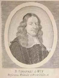 Witt, Jan. (Johan) de, 1625 - 1672, Dordrecht, im Haag [ermordet], Ratspensionr von Holland. Entwickelte die Grundlagen der Versicherungsmathematik., Portrait, KUPFERSTICH:, [Merian sc.]