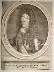 Villeroi, Francois de Neufville, duc de, 1644 - 1730, , , Franzsischer Marschall und Minister. Gnstling Ludwigs XIV. (mit dem er erzogen worden), erhielt im Spanischen Erbfolgekrieg das Kommando in Italien gegen Prinz Eugen, der ihn 1702 in Cremona gefangen nahm, auch 1706 in den Niederlanden von Marlborough besiegt, spter Gouverneur von Lyon., Portrait, KUPFERSTICH:, [Merian exc., 1695]