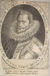 NASSAU-ORANIEN: Philipp Wilhelm (Filips Willem), Graf zu Nassau-Dillenburg, Prinz von Oranien, 1554 - 1618, Bren, Brssel, ltester Sohn von Wilhelm dem Schweiger (15331584) aus 1.Ehe mit Anna von Egmond, Grfin von Bren (15331558); vermhlt 1606 mit Eleonore de Cond (15871619).  In Spanien gefangen gehalten 156895, erhielt 1609 das Frstentum Orange., Portrait, KUPFERSTICH:, Monogrammist: DC [Dominicus Custos]