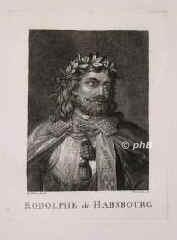 STERREICH: Rudolf I.(IV.) Graf von Habsburg, 1273 deutscher Knig, 1276 Herzog von sterreich, 1218 - 1291, Limburg (Burg) (Breisgau), Speyer, Regent 127391. ltester Sohn von Graf Albrecht IV. von Habsburg (c.11881239) u.Heilwig von Kiburg bei Zrich (c.11921260); vermhlt 1) 1245 mit Gertrud von Hohenberg (12251281) [als Knigin Anna genannt], 2) 1284 in Basel Isabelle (Agnes) von Burgund (12701323).  Nach dem Interregnum 1273 zum deutschen Knig gewhlt, erwarb sterreich, Steiermark und Krain als habsburgischen Hausbesitz. [> DEUTSCHES REICH: Rudolf I., Portrait, KUPFERSTICH:, Goltzius pinx.   Verhelst sc.