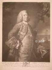 Anson, George (1747 baron Anson), 1697 - 1762, Shugborough (Staffordshire), Moor Park (Hertfordshire), Englischer Admiral und Marinereformer, 174044 Weltumsegler, umrundete Kap Horn 1740, landete in Peru und Chile., Portrait, MEZZOTINTO:, J. Reynolds pinx.   J. McArdell sc.