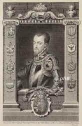 SPANIEN: Philipp (Felipe) II., Knig von Spanien u. Portugal, 1527 - 1598, Valladolid, Escorial, Regent 155698. ltester Sohn u. Nachfolger von Knig Carlos I. [= Kaiser Karl V.] (15001558) u. Isabella von Portugal (15031539); vermhlt 1) mit Maria Manuela von Portugal (15271545); 2) 1554 mit Knigin Maria von England (15161558); 3) 1559 mit Elisabeth de Valois  (15451568); 4) 1570 mit Erzherzogin Anna von sterreich (15491580)  1580 als Philipp I. auch Knig von Portugal., Portrait, KUPFERSTICH:, Titiano pinx.  G. Vertue sc. 1735.