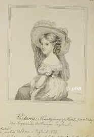 ENGLAND: Victoria (Alexandrina Victoria), Knigin von Grobritannien u. Irland, 1877 Kaiserin von Indien, 1819 - 1901, Kensington Palace, Osborne House (Isle of Wight), Regentin 18371901. Tochter von Georgs III. jngerem Sohn Edward Augustus, Duke of Kent (17671820) u. Viktoria Mary von SachsenCoburgSaalfeld (17861861); vermhlt 1840 mit Prinz Albert von SachsenCoburgGotha (18191861).  Folgte ihrem Onkel Wilhelm IV. (17651837).  Mutter von Knig Eduard (Edward) VII. (18411910) u. Victoria, Knigin von Preuen u. Deutsche Kaiserin (18401901)., Portrait, RADIERUNG:, schwedisch, um 1833